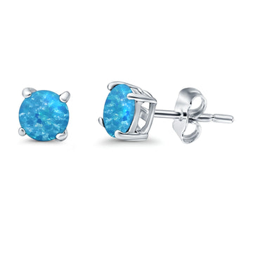 Round Stud Earrings Lab Created Blue Opal 925 Sterling Silver (7mm)